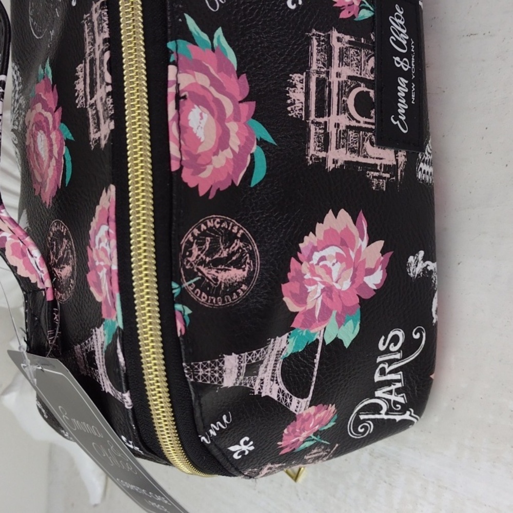 Emma & Chloe Black & Pink Floral & Paris Themed Women's Make-up Bag NWT - Picture 2 of 13